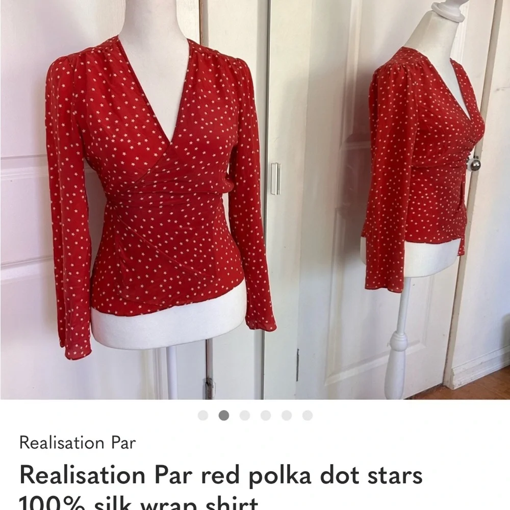 Realisation Par red polka dot stars 100% silk wrap shirt - Picture 2 of 3